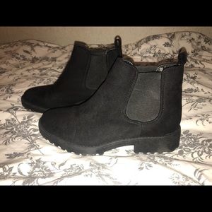 Black suede booties.
